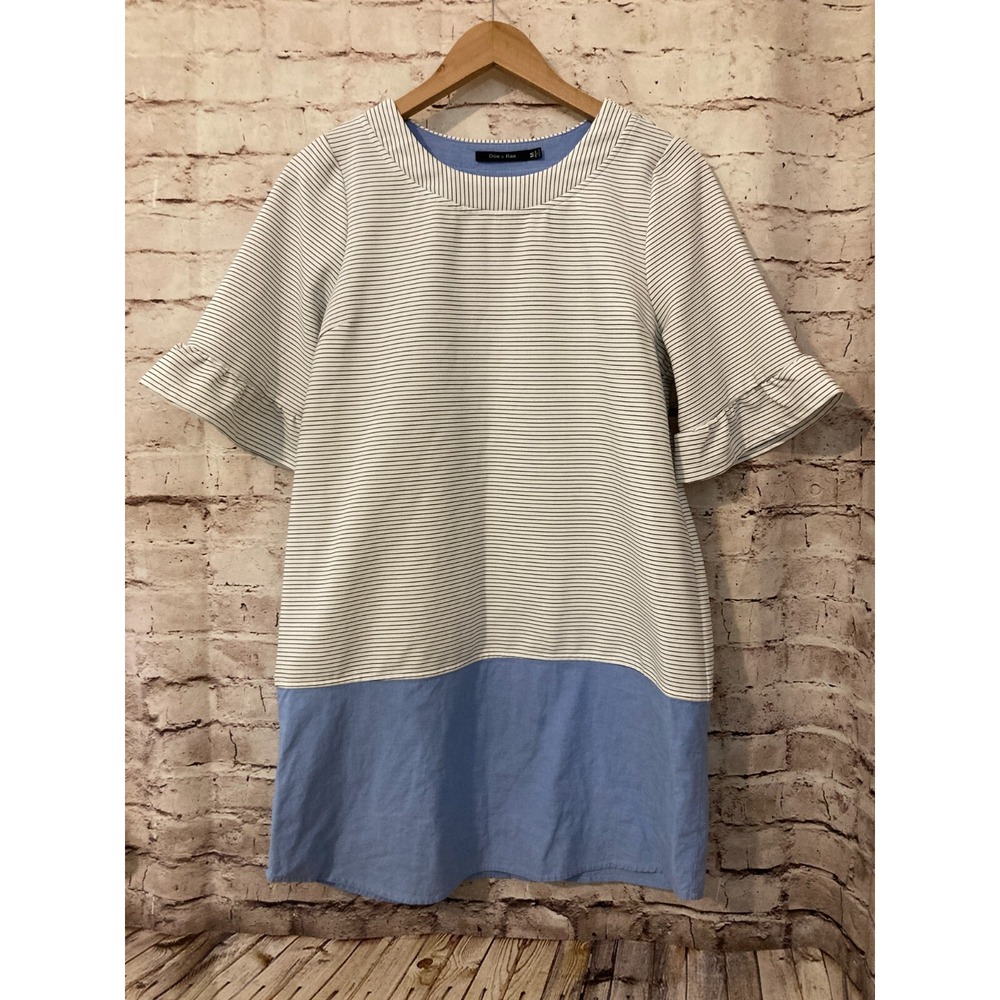 Doe & Rae Dress Womens Medium Chambray Lined Bell Sleeve Shift Striped Stretch